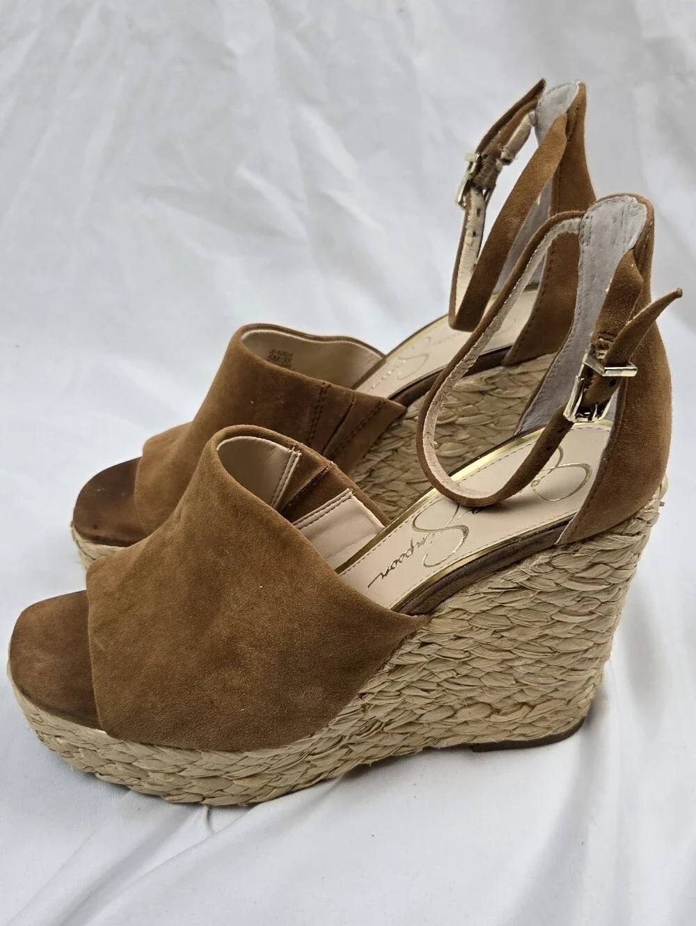 Jessica Simpson Tan Suede Wedge Sandals Espadrille Ankle Strap Peep Toe 5M